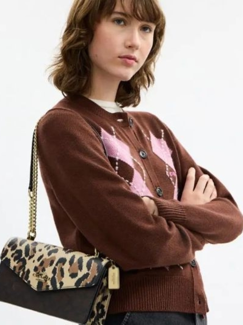 COACH Klare Envelope Leopard Print Leather Chain Shoulder Bag in Tan and Brown - Picture 3 of 10